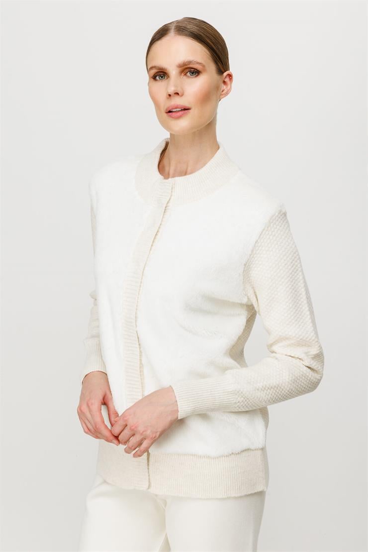 Kürklü Kısa Triko Hırka-EKRU