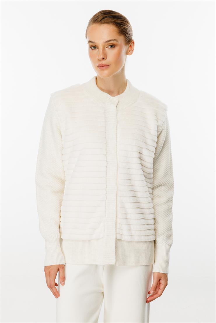 Kürklü Kısa Triko Hırka-EKRU