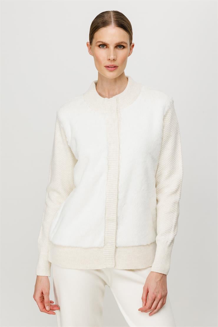 Kürklü Kısa Triko Hırka-EKRU