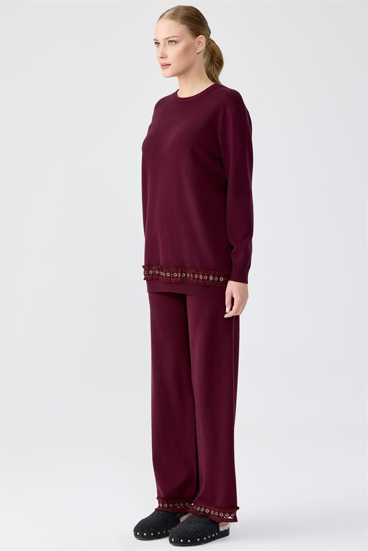 Kuş Gözü Aksesuarlı Pantolonlu Triko Takım BORDO