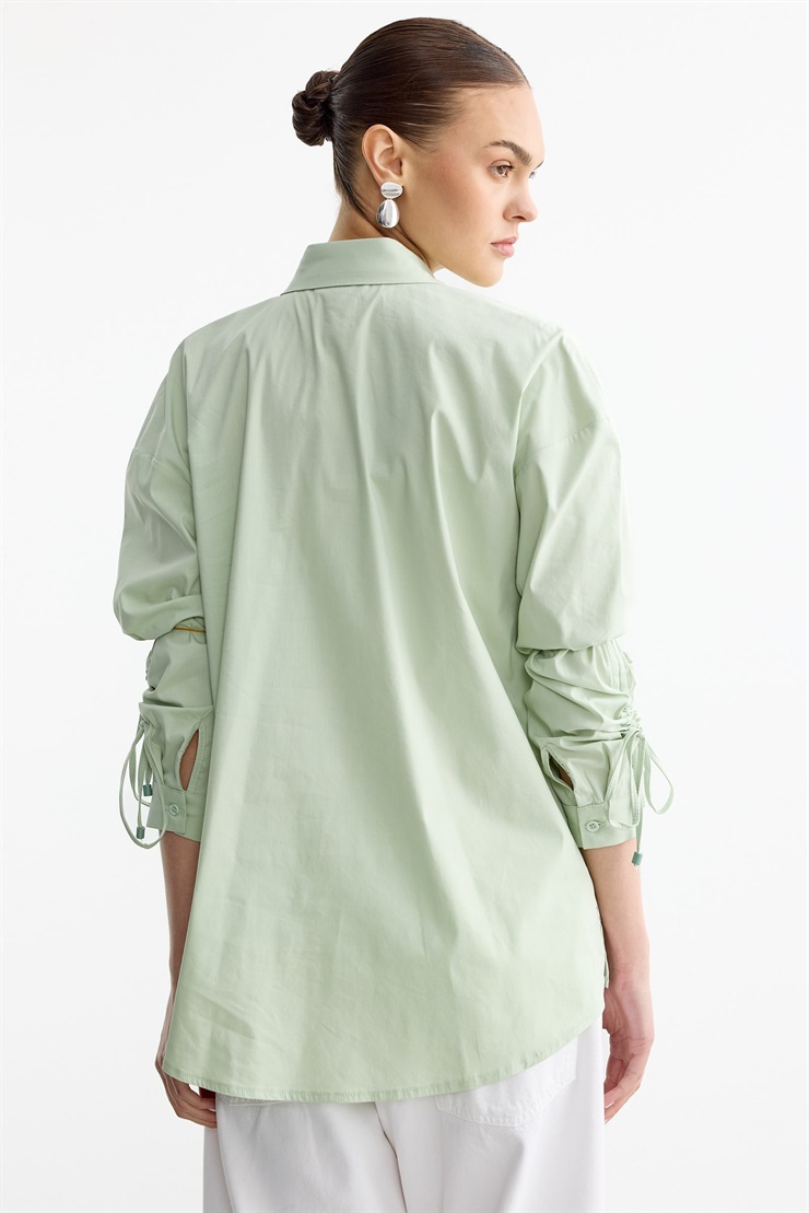 Kuşgözü Özellikli Yaka Rahat Kalıp Büzgülü Kol Detaylı Gömlek MİNT