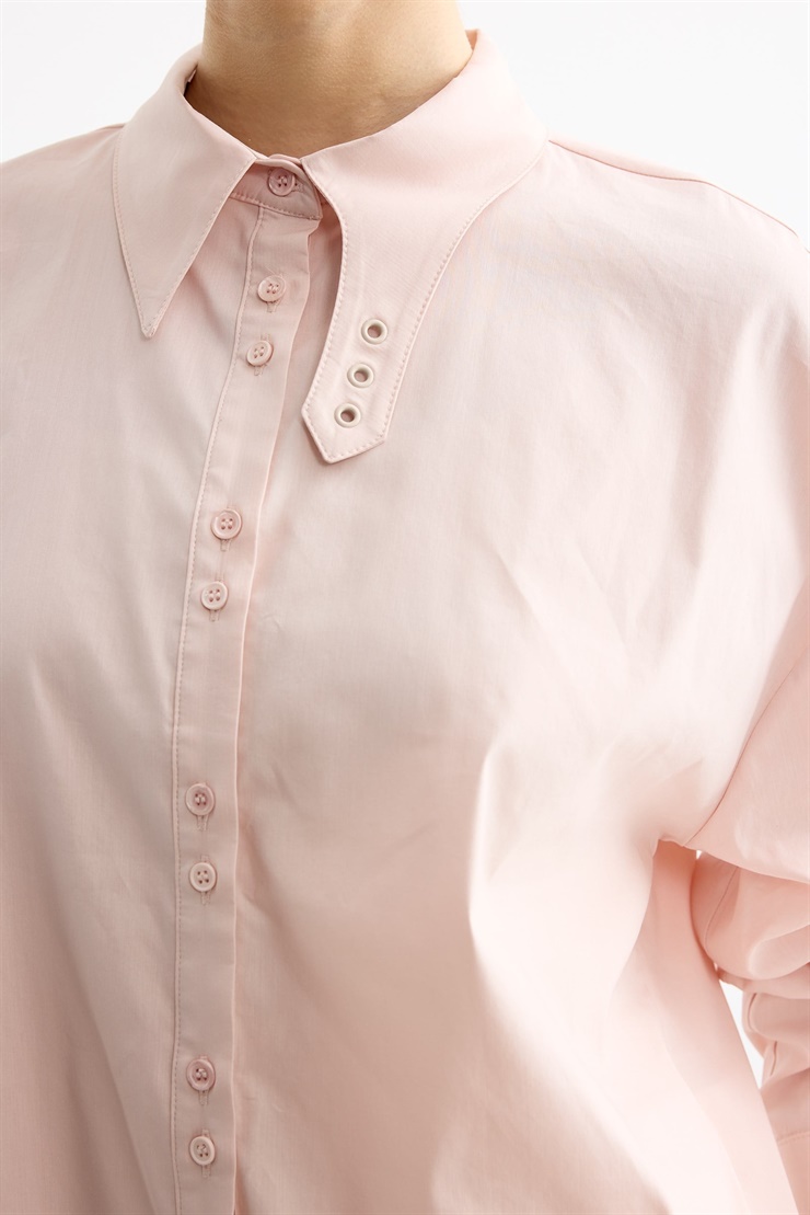 Kuşgözü Özellikli Yaka Rahat Kalıp Büzgülü Kol Detaylı Gömlek PEMBE