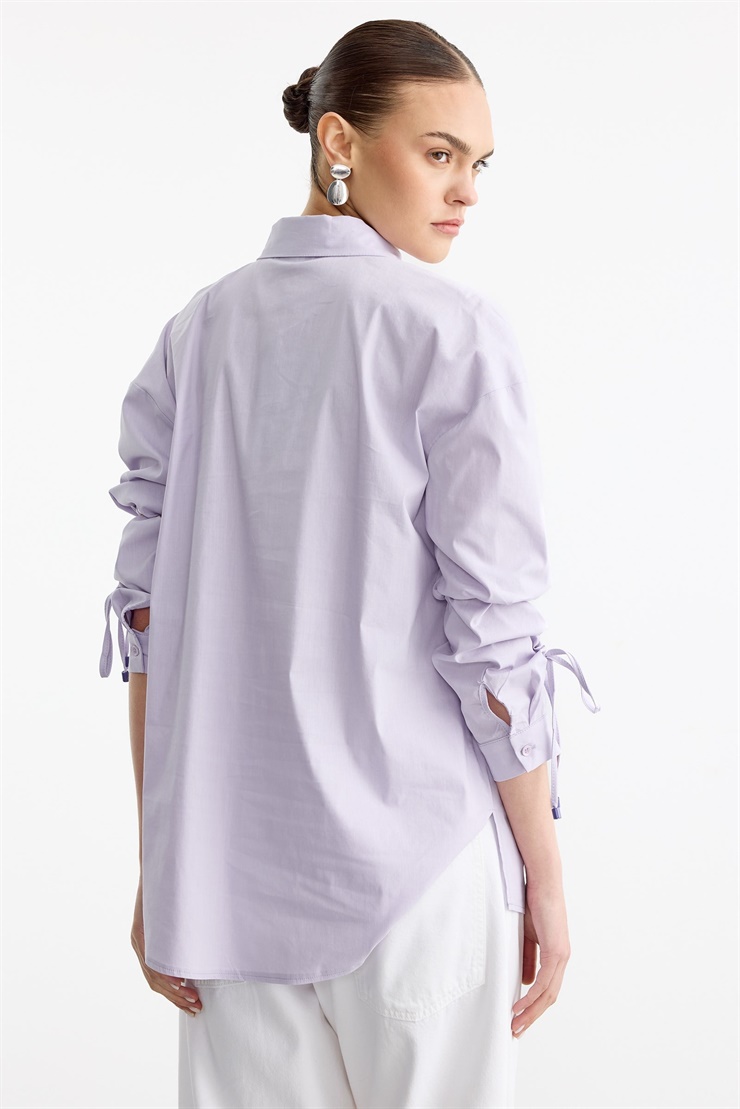Kuşgözü Özellikli Yaka Rahat Kalıp Büzgülü Kol Detaylı Gömlek LİLA