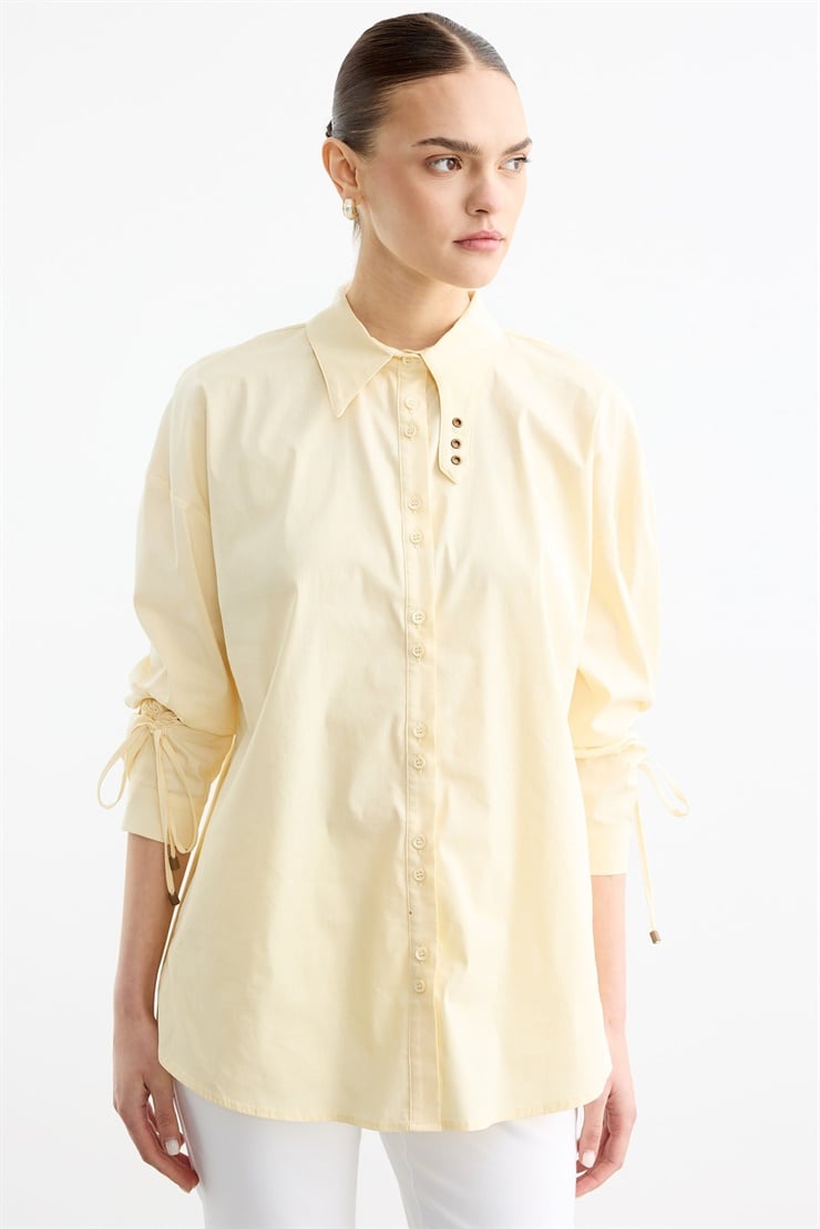 Kuşgözü Özellikli Yaka Rahat Kalıp Büzgülü Kol Detaylı Gömlek SARI