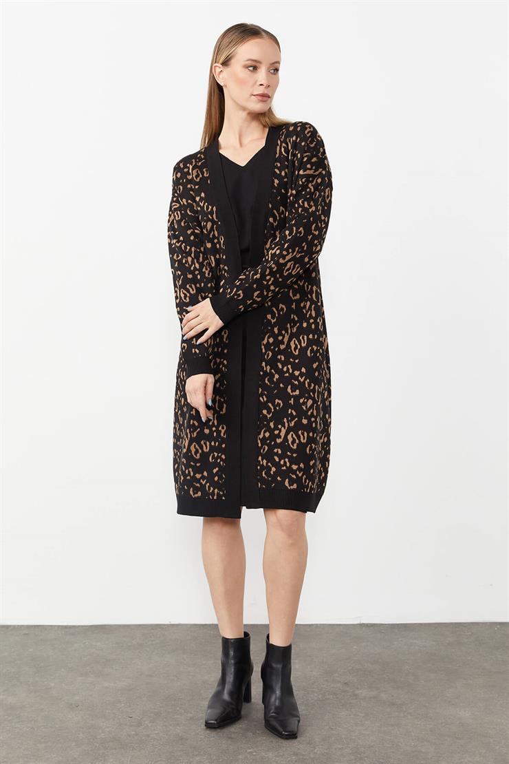 Leopar  Desenli Hırka-Siyah - Camel