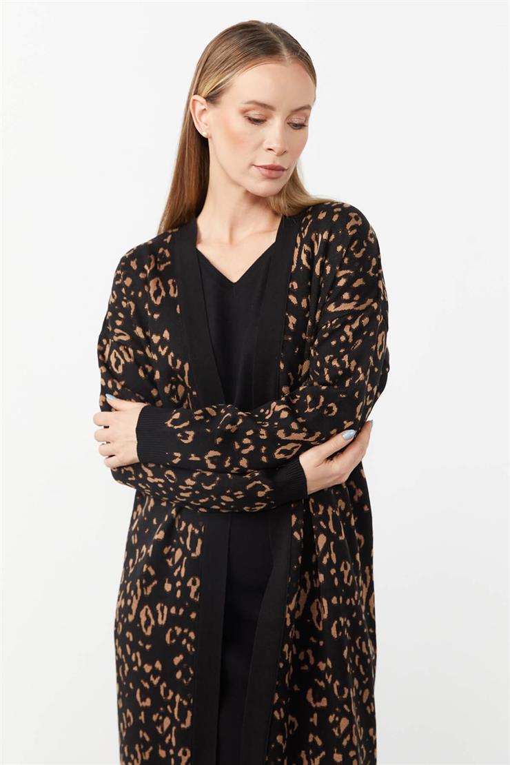 Leopar  Desenli Hırka-Siyah - Camel
