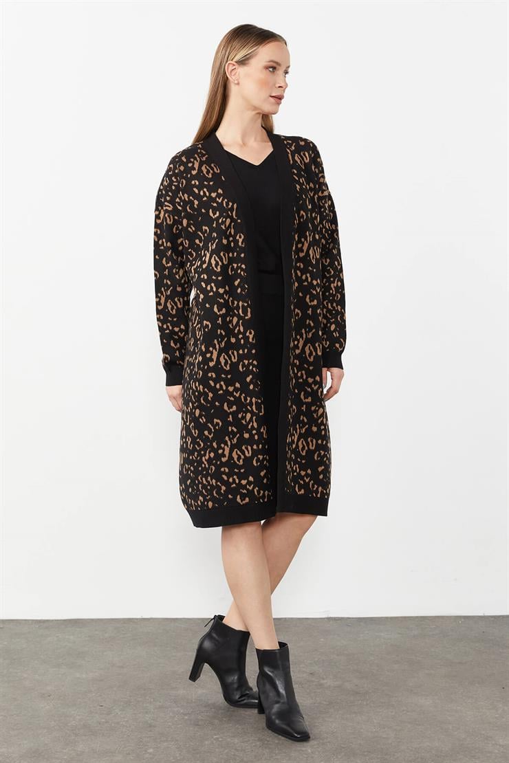 Leopar  Desenli Hırka-Siyah - Camel