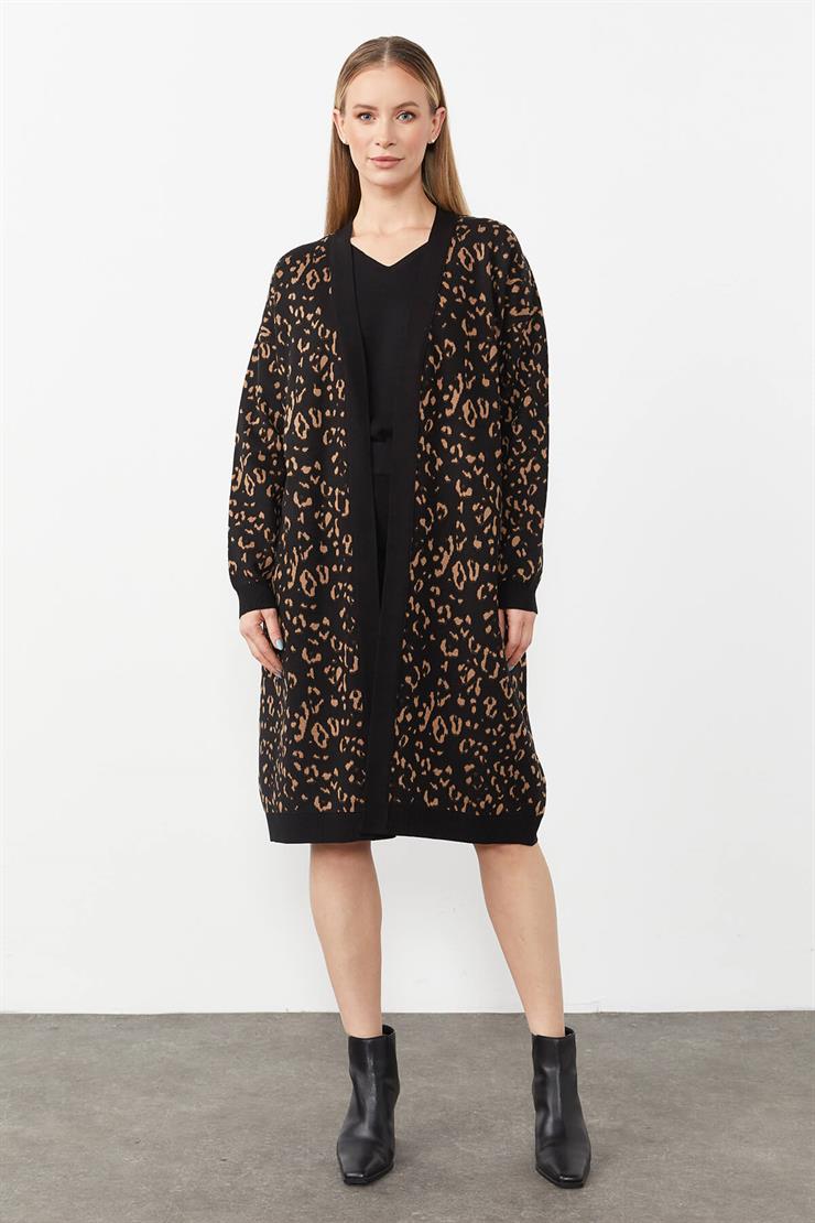 Leopar  Desenli Hırka-Siyah - Camel