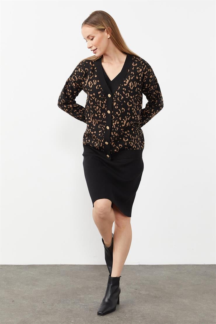 Leopar Desen Düğmeli Kısa Hırka-Siyah - Camel