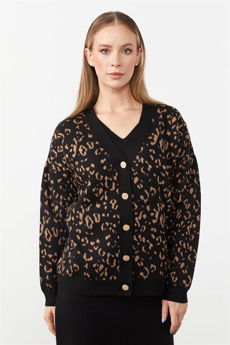 Leopar Desen Düğmeli Kısa Hırka-Siyah - Camel