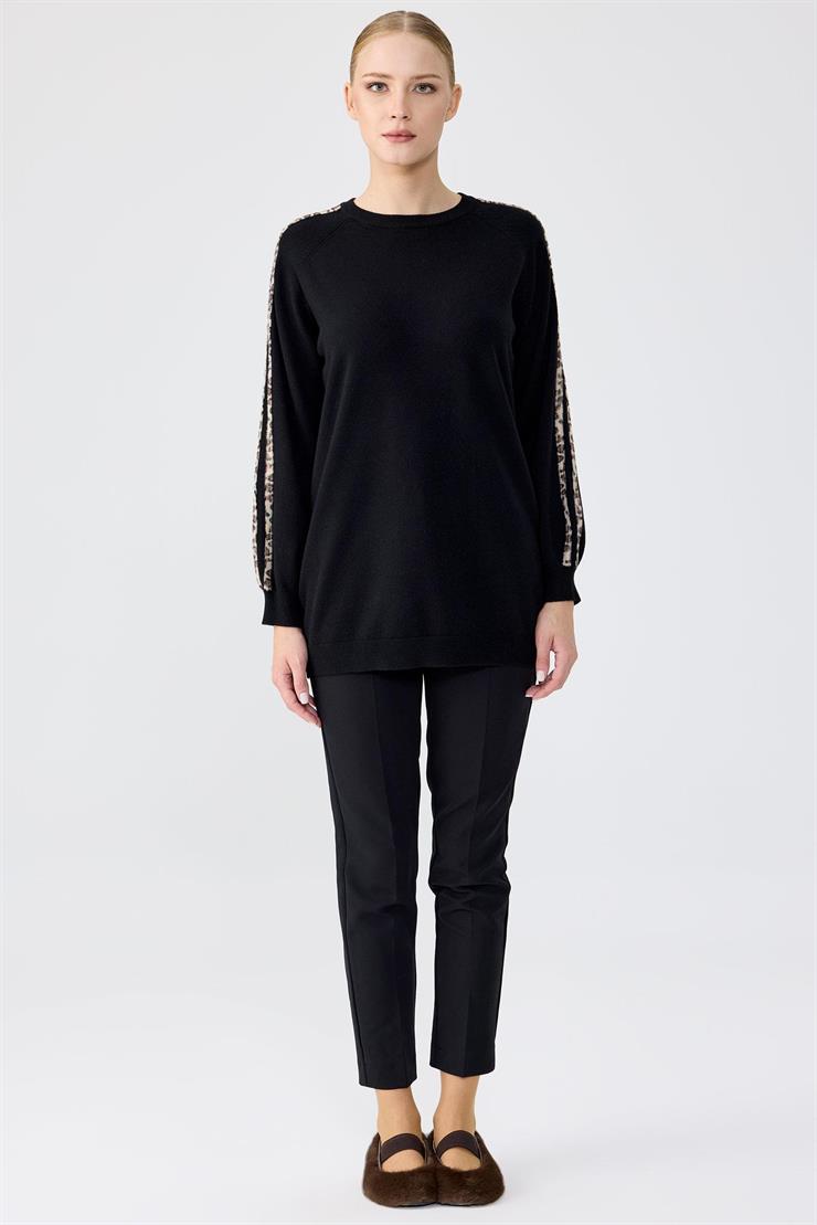 Leopar Şeritli Triko Tunik SİYAH