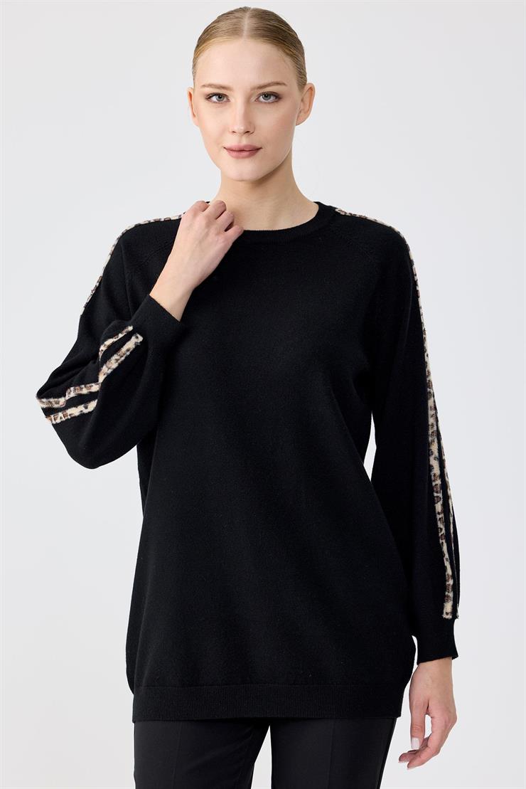 Leopar Şeritli Triko Tunik SİYAH