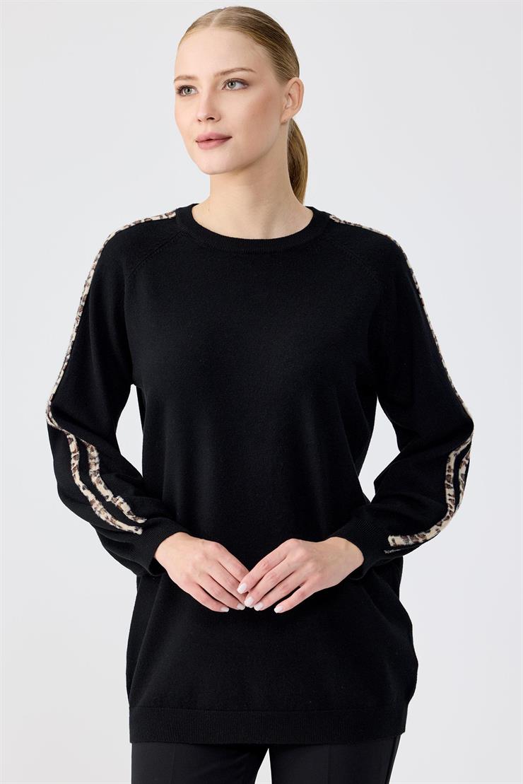 Leopar Şeritli Triko Tunik SİYAH