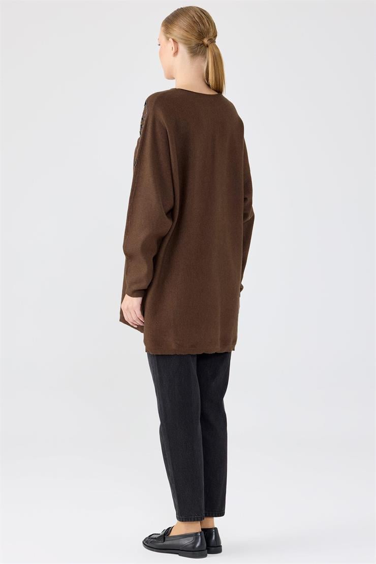 Leopar Taş işlemeli Bluz KAHVE