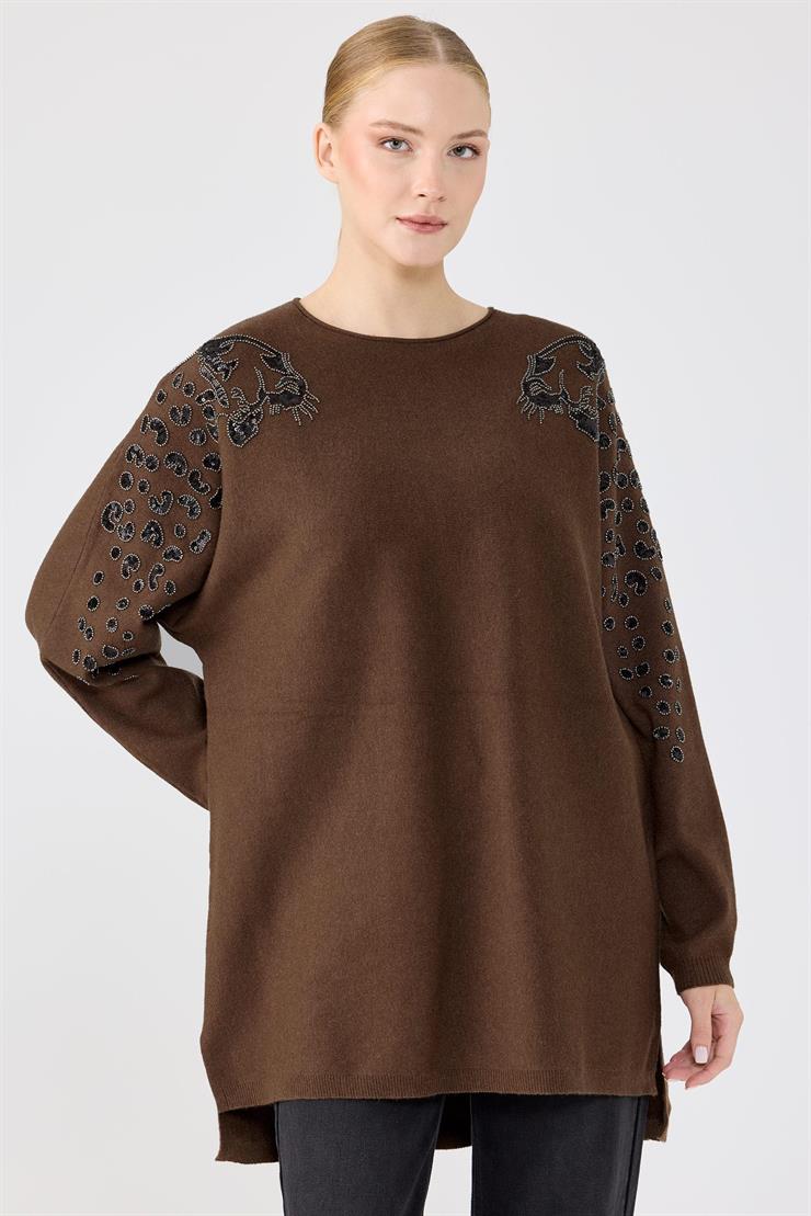 Leopar Taş işlemeli Bluz KAHVE