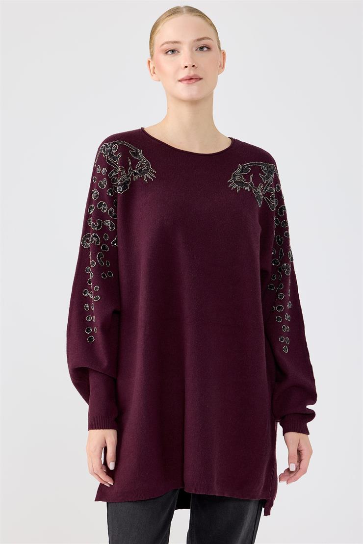 Leopar Taş işlemeli Bluz MÜRDÜM