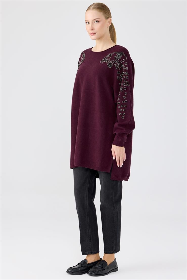 Leopar Taş işlemeli Bluz MÜRDÜM