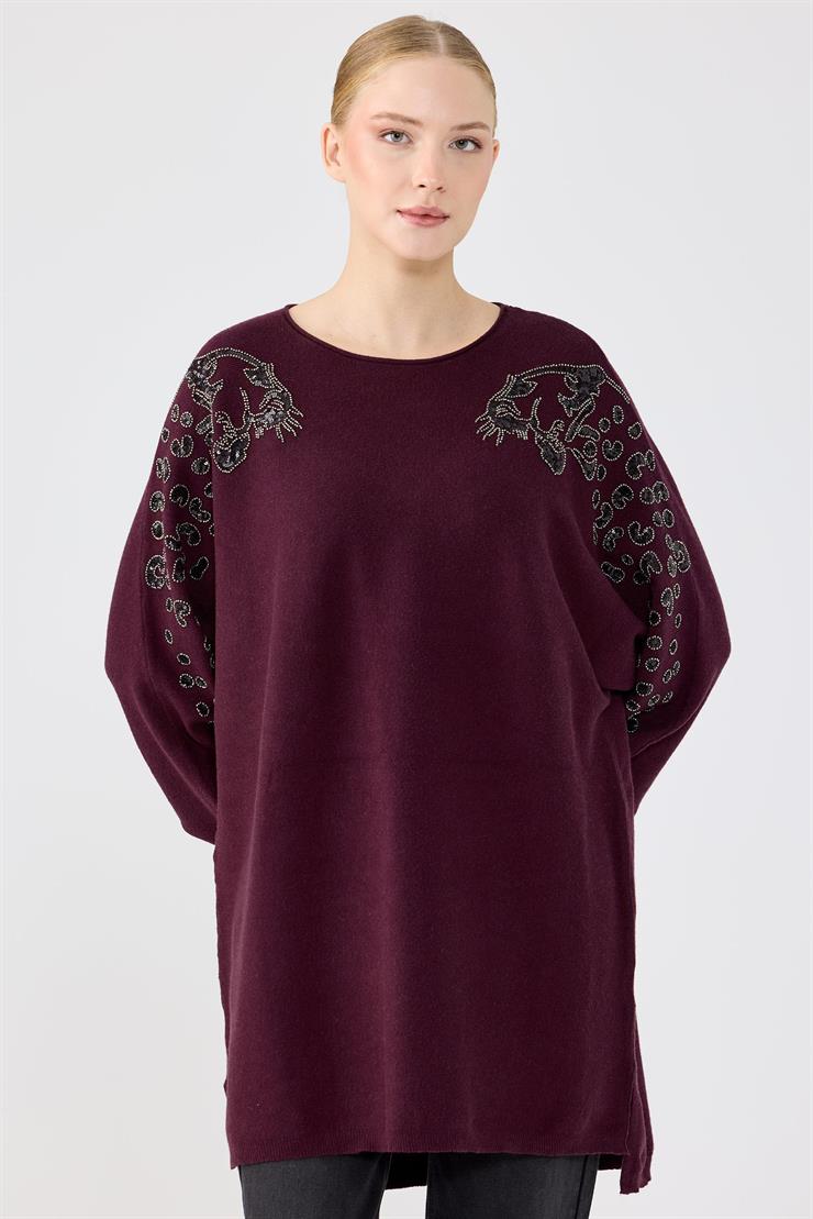 Leopar Taş işlemeli Bluz MÜRDÜM