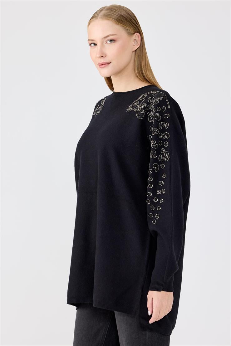 Leopar Taş işlemeli Bluz SİYAH