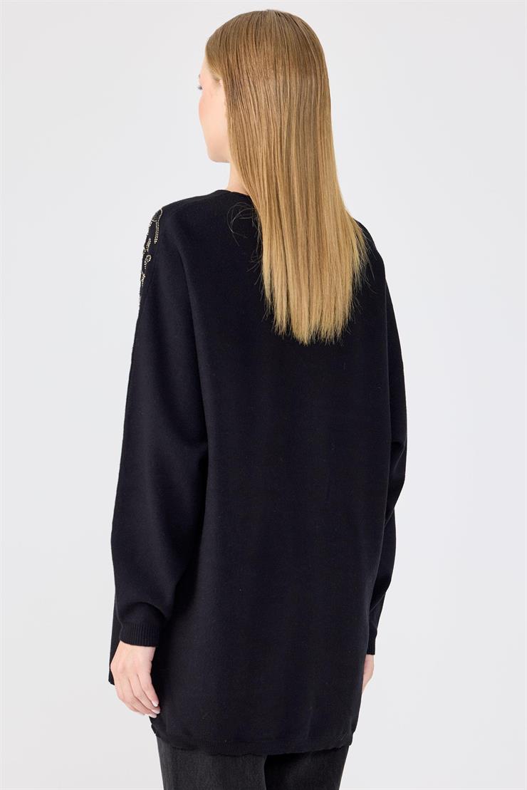 Leopar Taş işlemeli Bluz SİYAH