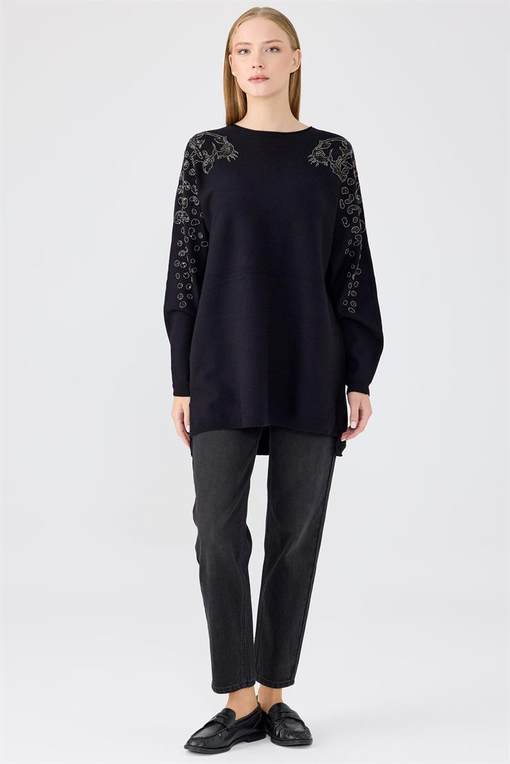 Leopar Taş işlemeli Bluz SİYAH