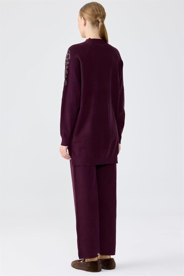 Leopar Taş işlemeli Tunik Pantolon Takım MÜRDÜM