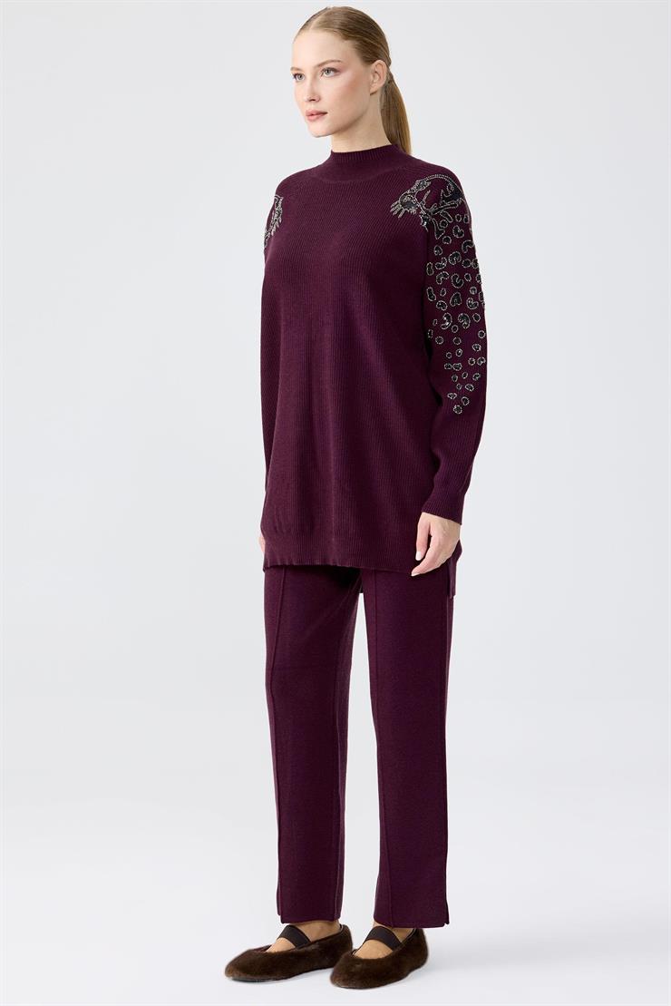 Leopar Taş işlemeli Tunik Pantolon Takım MÜRDÜM