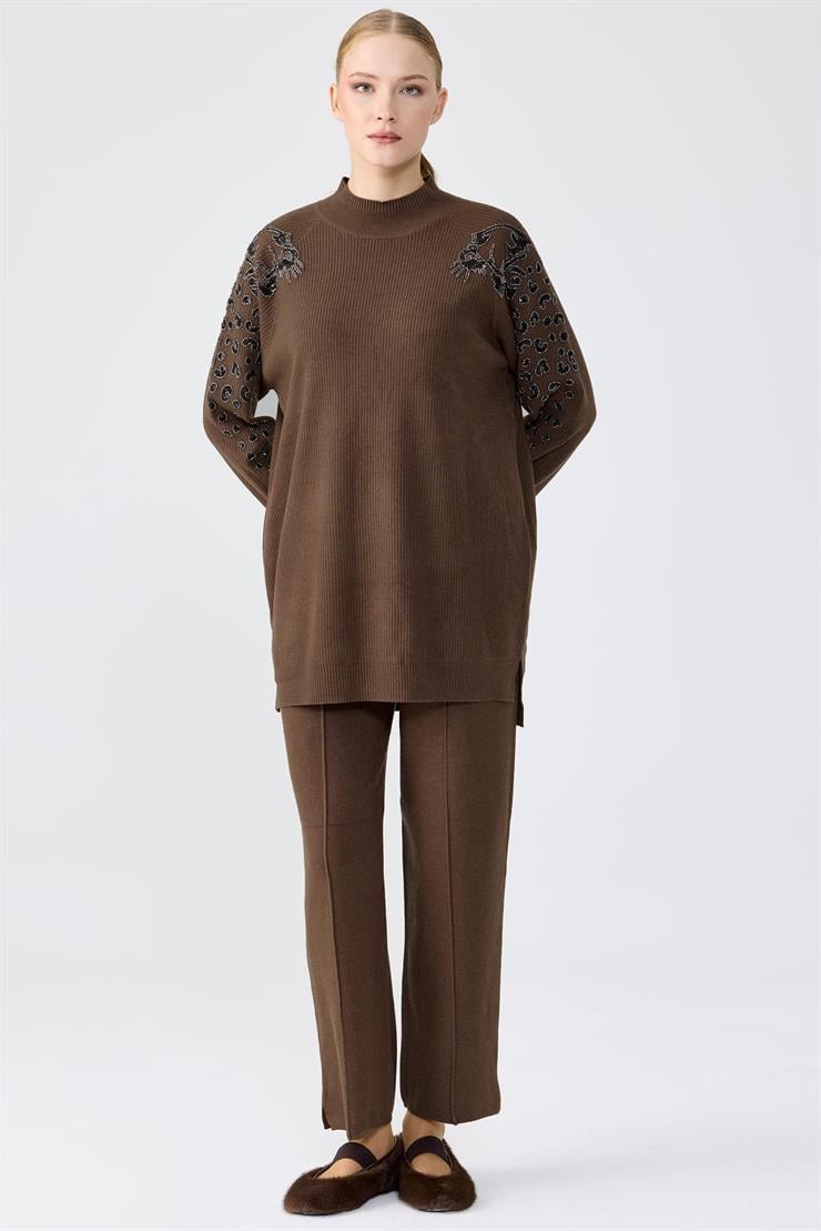 Leopar Taş işlemeli Tunik Pantolon Takım KAHVE