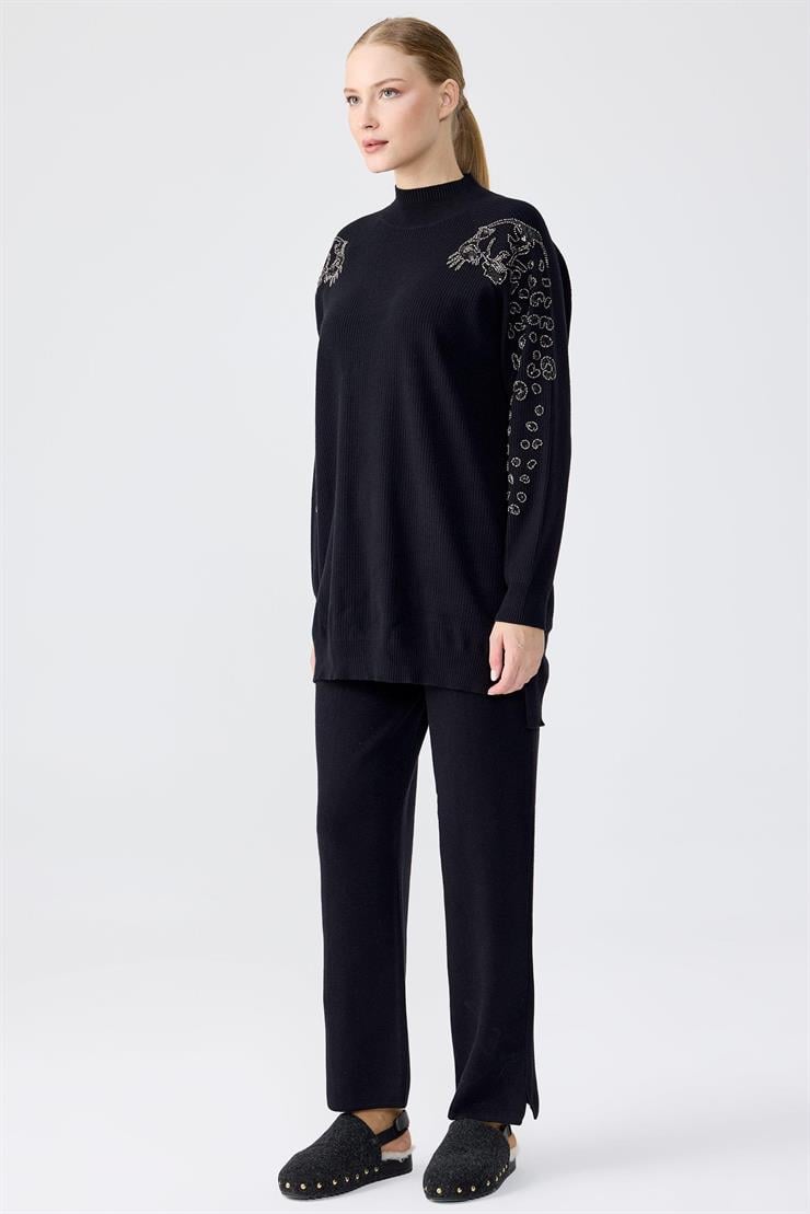 Leopar Taş işlemeli Tunik Pantolon Takım SİYAH