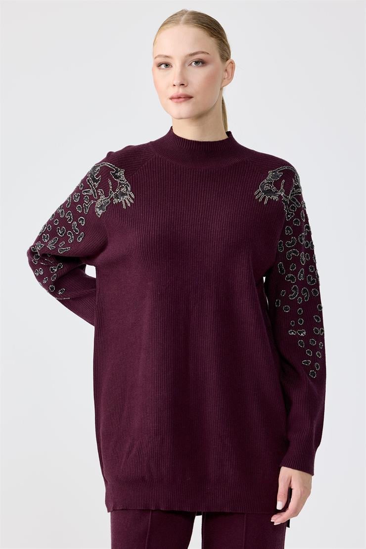 Leopar Taş işlemeli Tunik Pantolon Takım MÜRDÜM