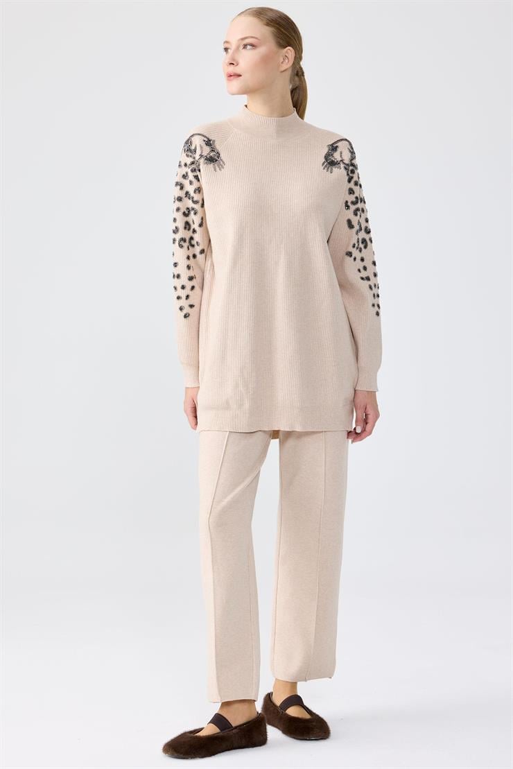 Leopar Taş işlemeli Tunik Pantolon Takım TAŞ