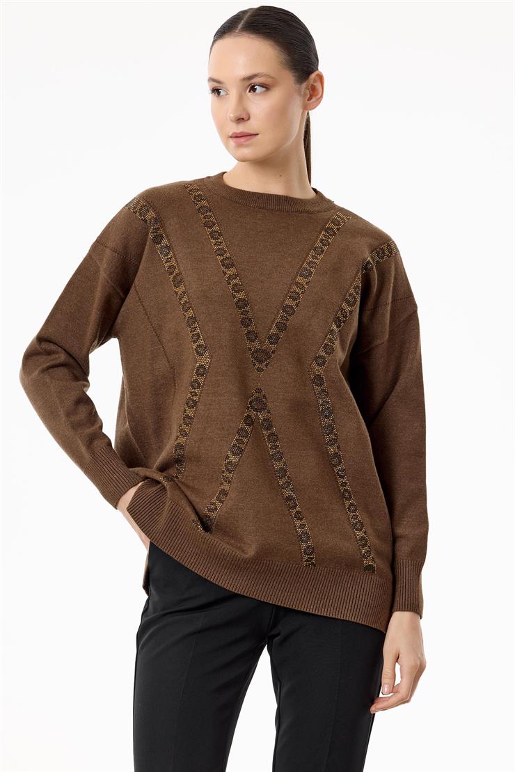 Leopar Taşlı Triko Tunik KAHVE