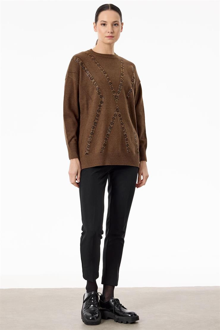 Leopar Taşlı Triko Tunik KAHVE