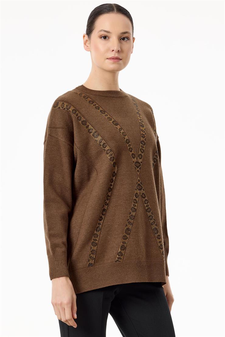 Leopar Taşlı Triko Tunik KAHVE