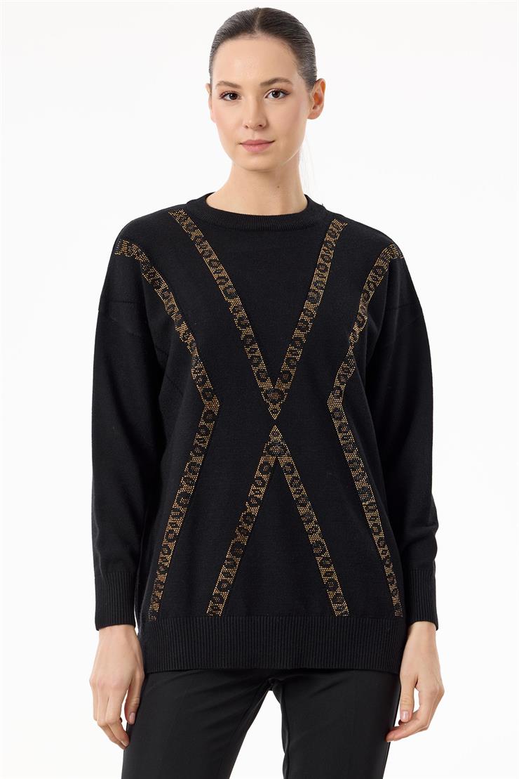 Leopar Taşlı Triko Tunik SİYAH