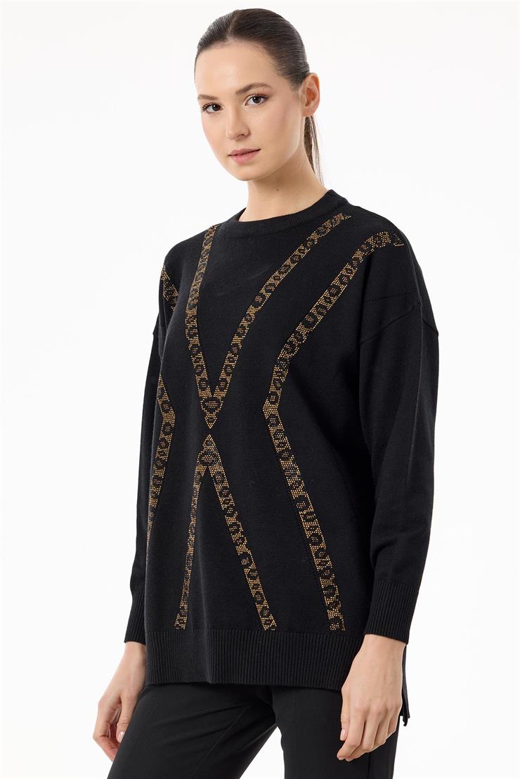 Leopar Taşlı Triko Tunik SİYAH