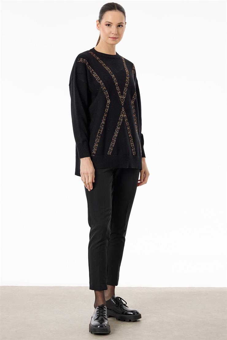 Leopar Taşlı Triko Tunik SİYAH