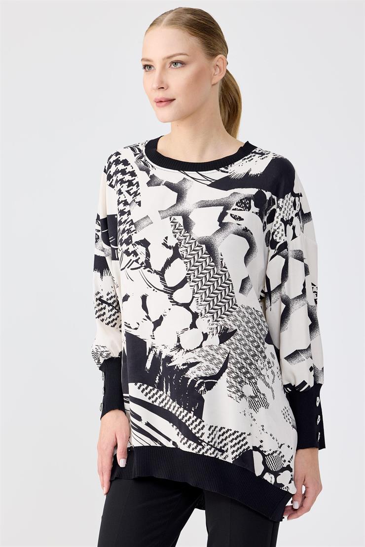 Manşetleri Düğmeli Triko Ribanalı Tunik SİYAH-EKRU