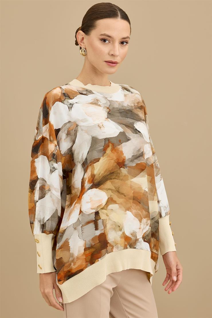 Manşetleri Düğmeli Triko Ribanalı Tunik ORANJ