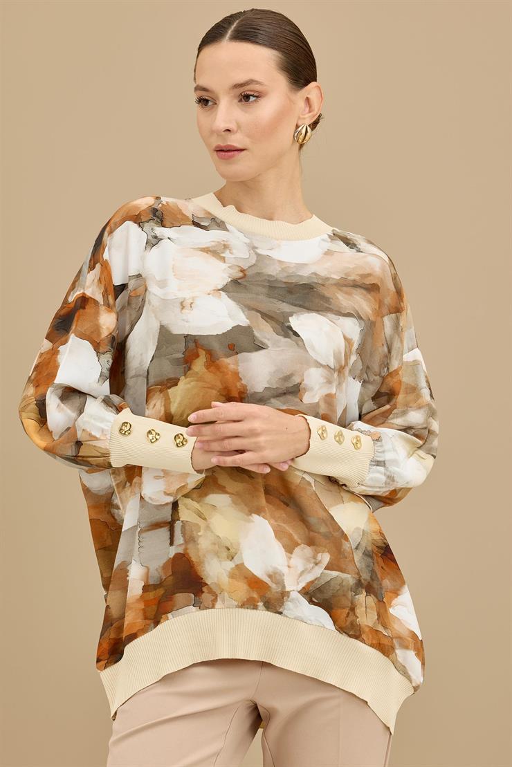 Manşetleri Düğmeli Triko Ribanalı Tunik ORANJ