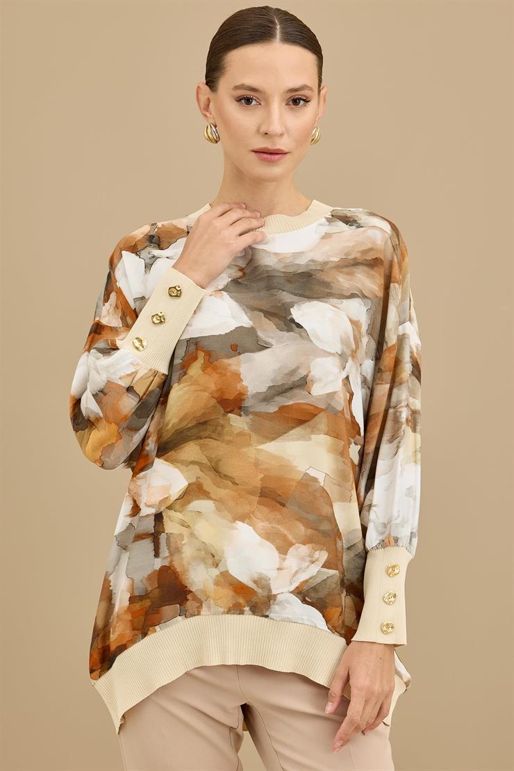 Manşetleri Düğmeli Triko Ribanalı Tunik ORANJ