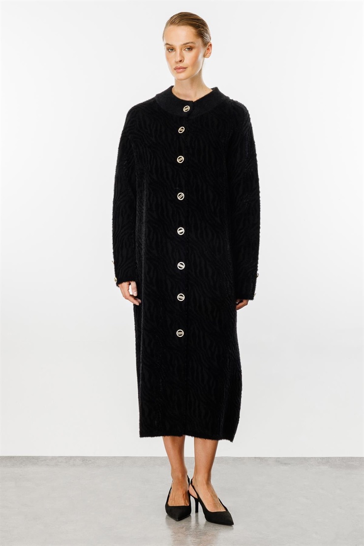 Mutlu Ertan Kadın Angora Zebra Desenli Pardesü Siyah 20148