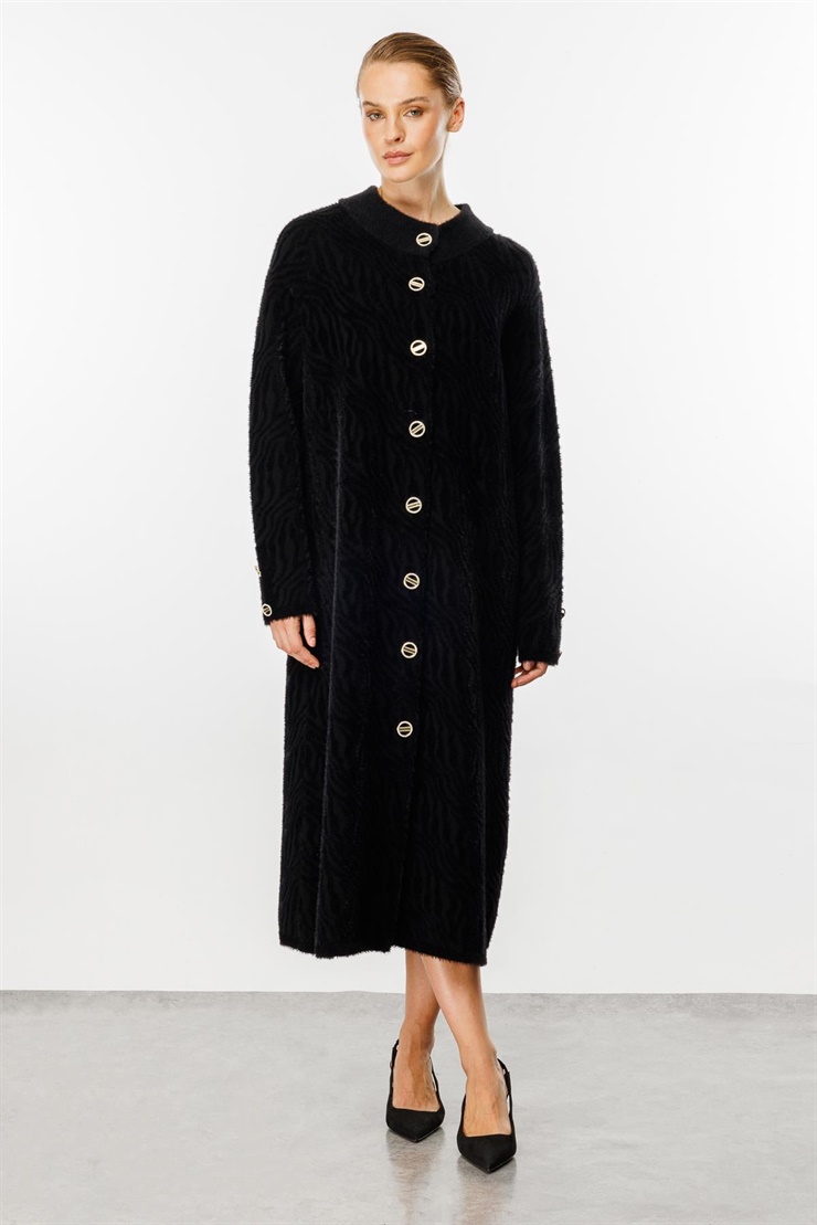 Mutlu Ertan Kadın Angora Zebra Desenli Pardesü Siyah 20148