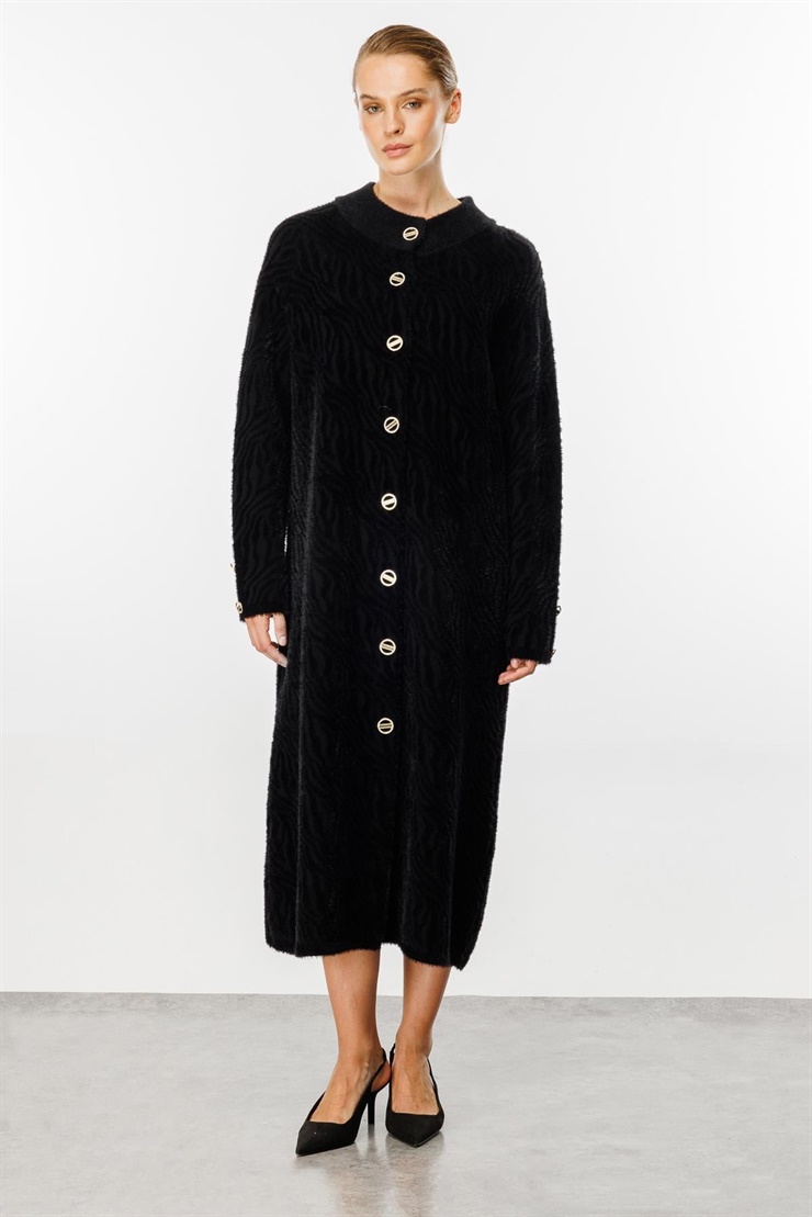 Mutlu Ertan Kadın Angora Zebra Desenli Pardesü Siyah 20148