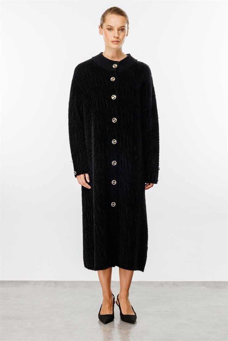 Mutlu Ertan Kadın Angora Zebra Desenli Pardesü Siyah 20148