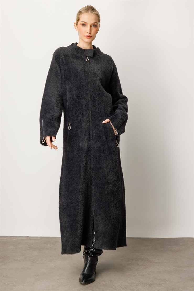 Mutlu Ertan Kadın Astarlı Angored Fermuarlı Pardesü Siyah 20226