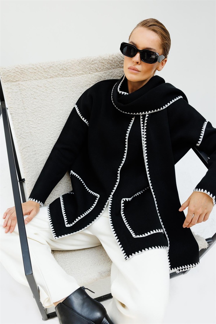 Mutlu Ertan Kadın Atkılı Merrow Detaylı Cepli  Triko Hırka Siyah 20123