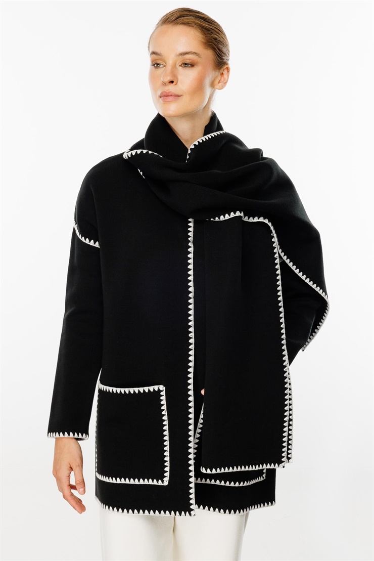 Mutlu Ertan Kadın Atkılı Merrow Detaylı Cepli  Triko Hırka Siyah 20123