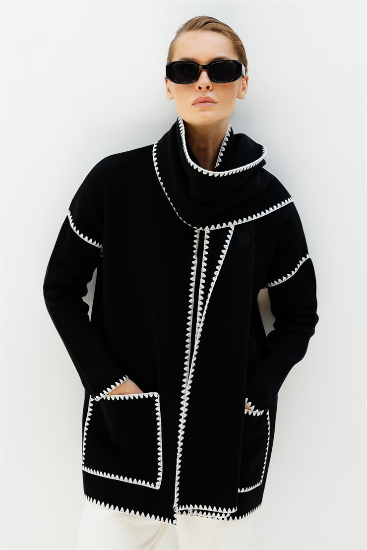 Mutlu Ertan Kadın Atkılı Merrow Detaylı Cepli  Triko Hırka Siyah 20123