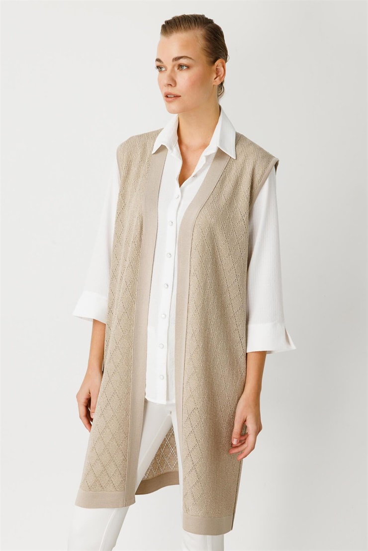 Mutlu Ertan Kadın Baklava Desen Ajurlu Triko Uzun Yelek Vizon 20110